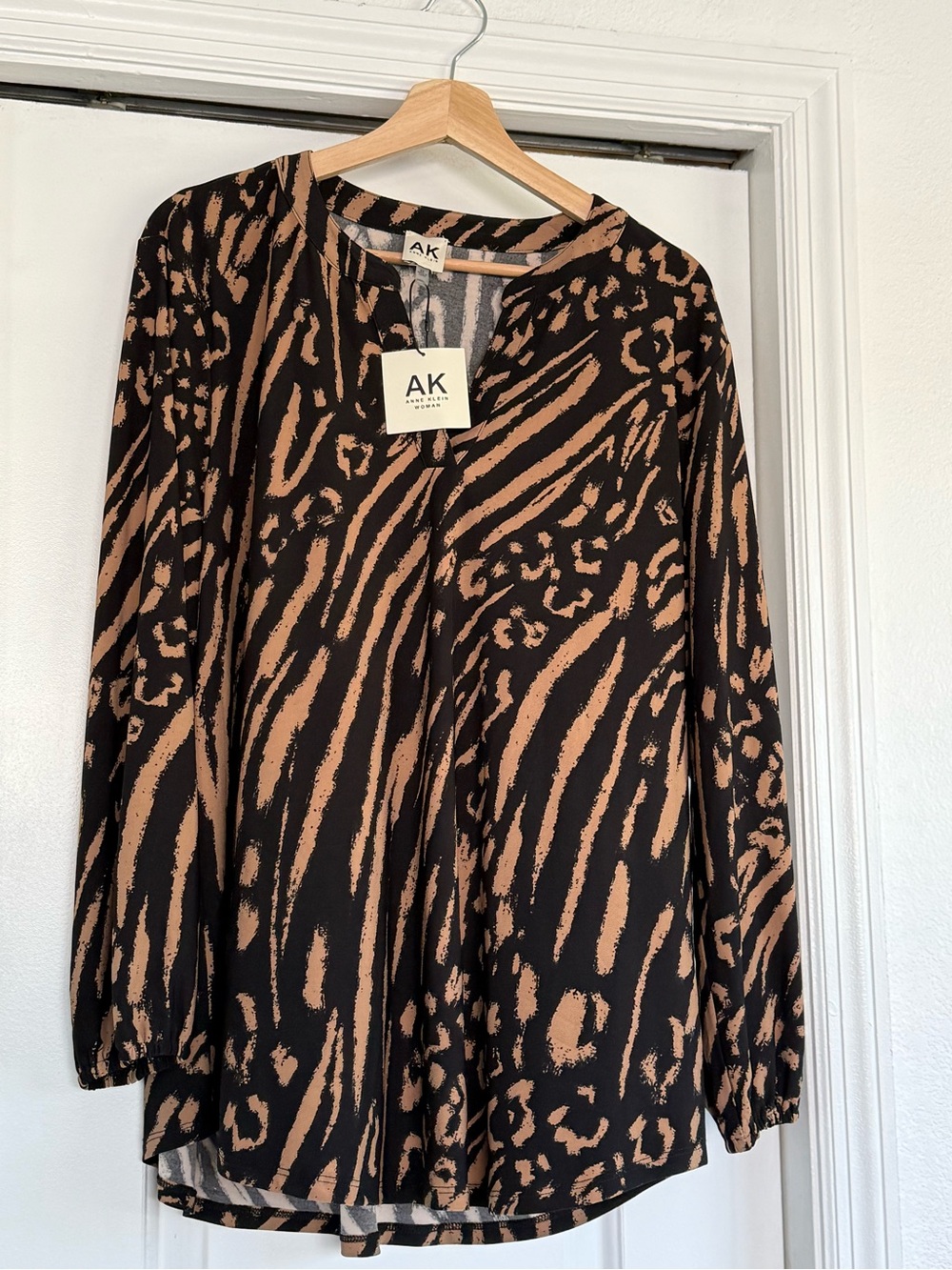 Anne Klein Black and Tan Abstract Animal-Print Blouse